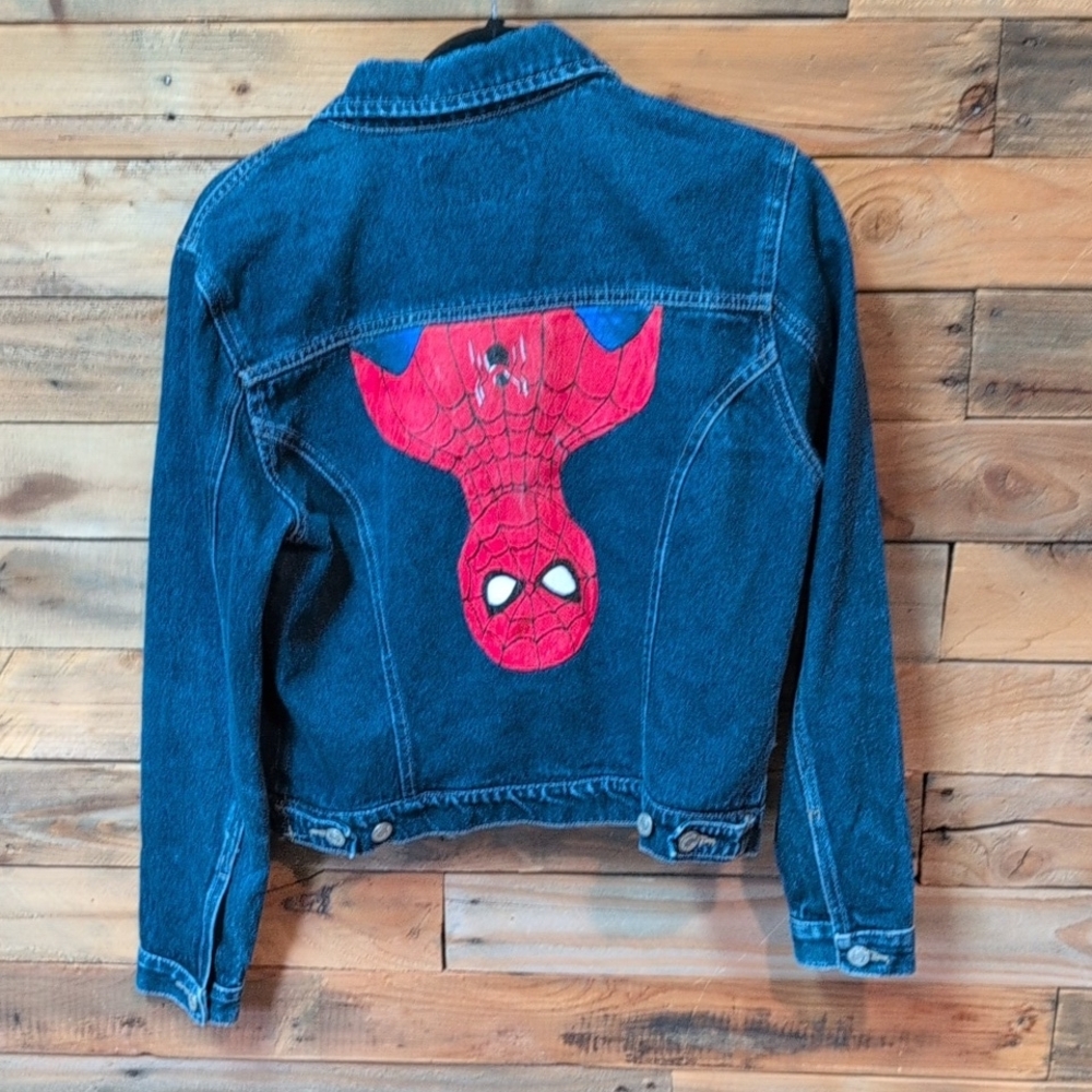 No Boundaries Blue Denim Jacket with Red Spiderman Design Size M Cute Cheap